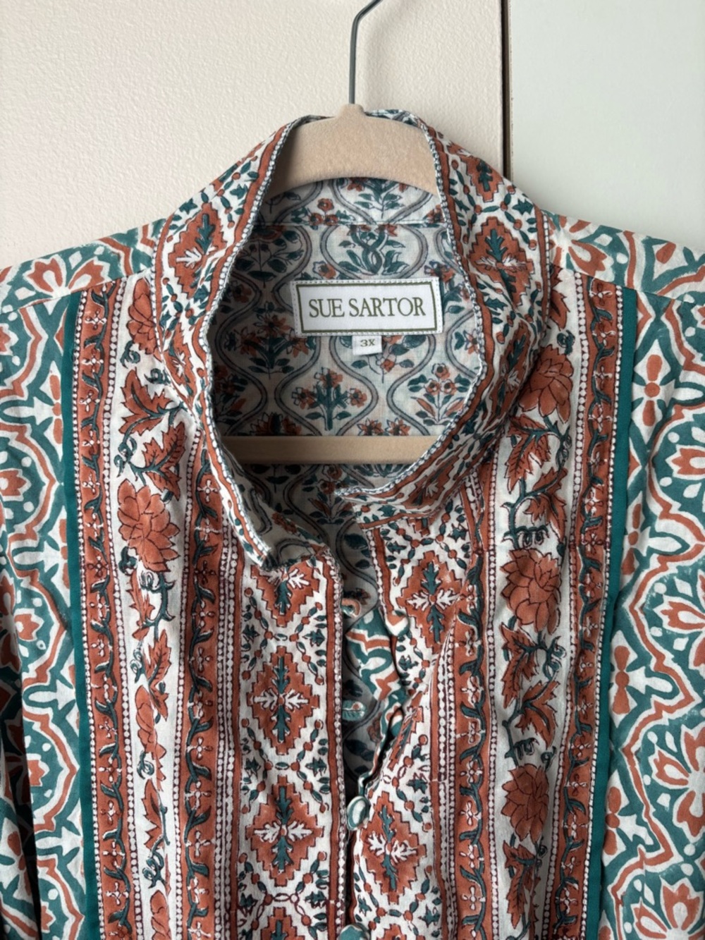 Anthropologie Sue Sartor Block Print Midi Dress 3X Teal Boho Ruffle Picnic 100% - Picture 4 of 5